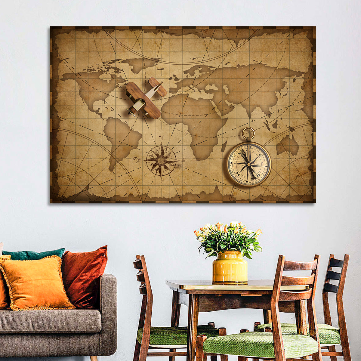 Retro Map with Biplane and Compass Wall Art in a room, landscape