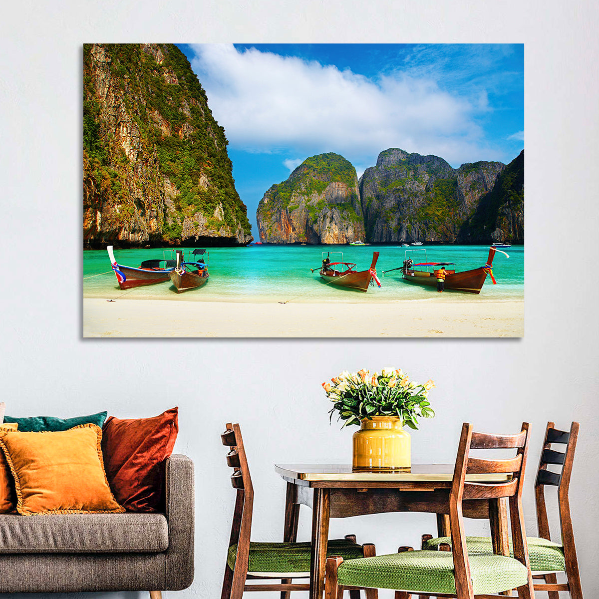 Maya Bay Long-tail Boats Wall Art in a room, landscape