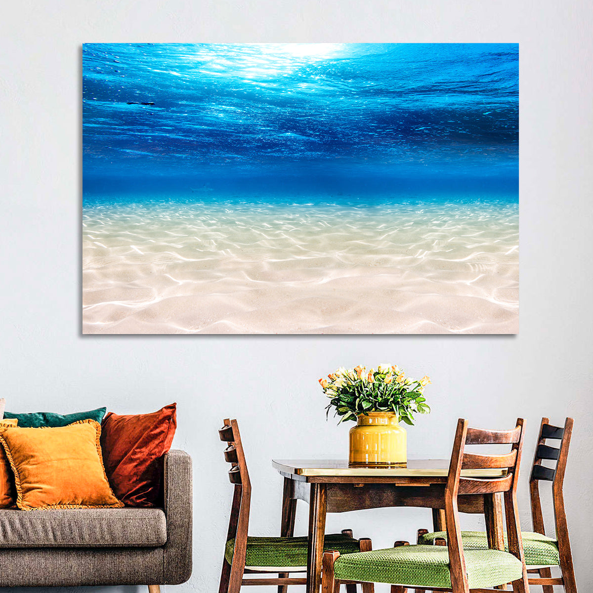Sunlit Sandy Seabed Wall Art in a room, landscape