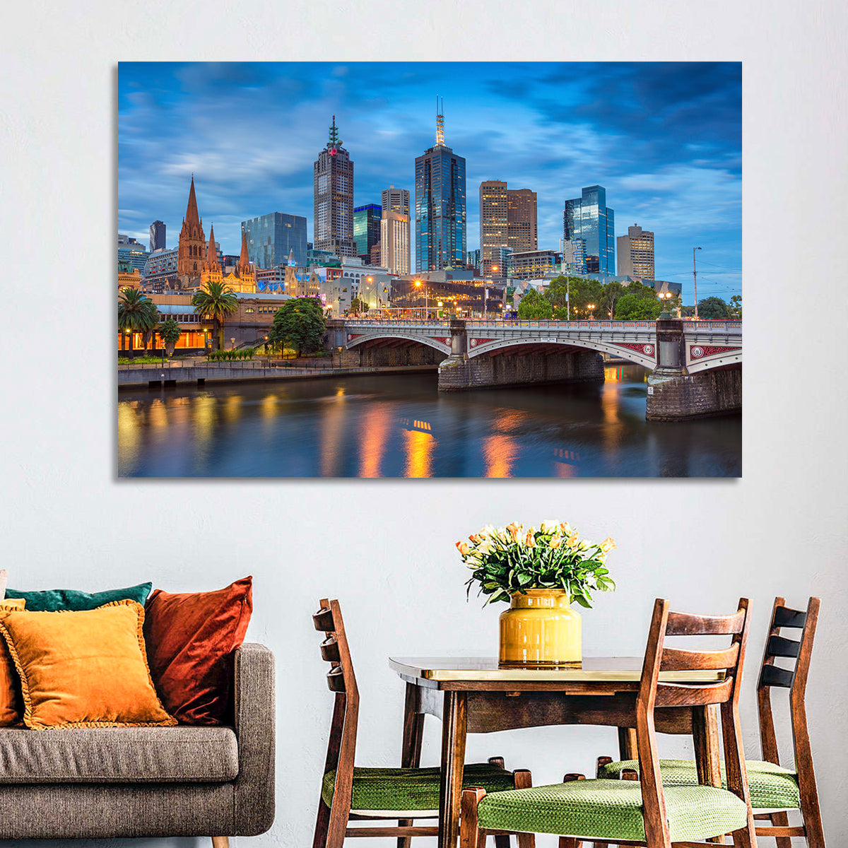 Melbourne Blue Hour Skyline Wall Art in a room, landscape