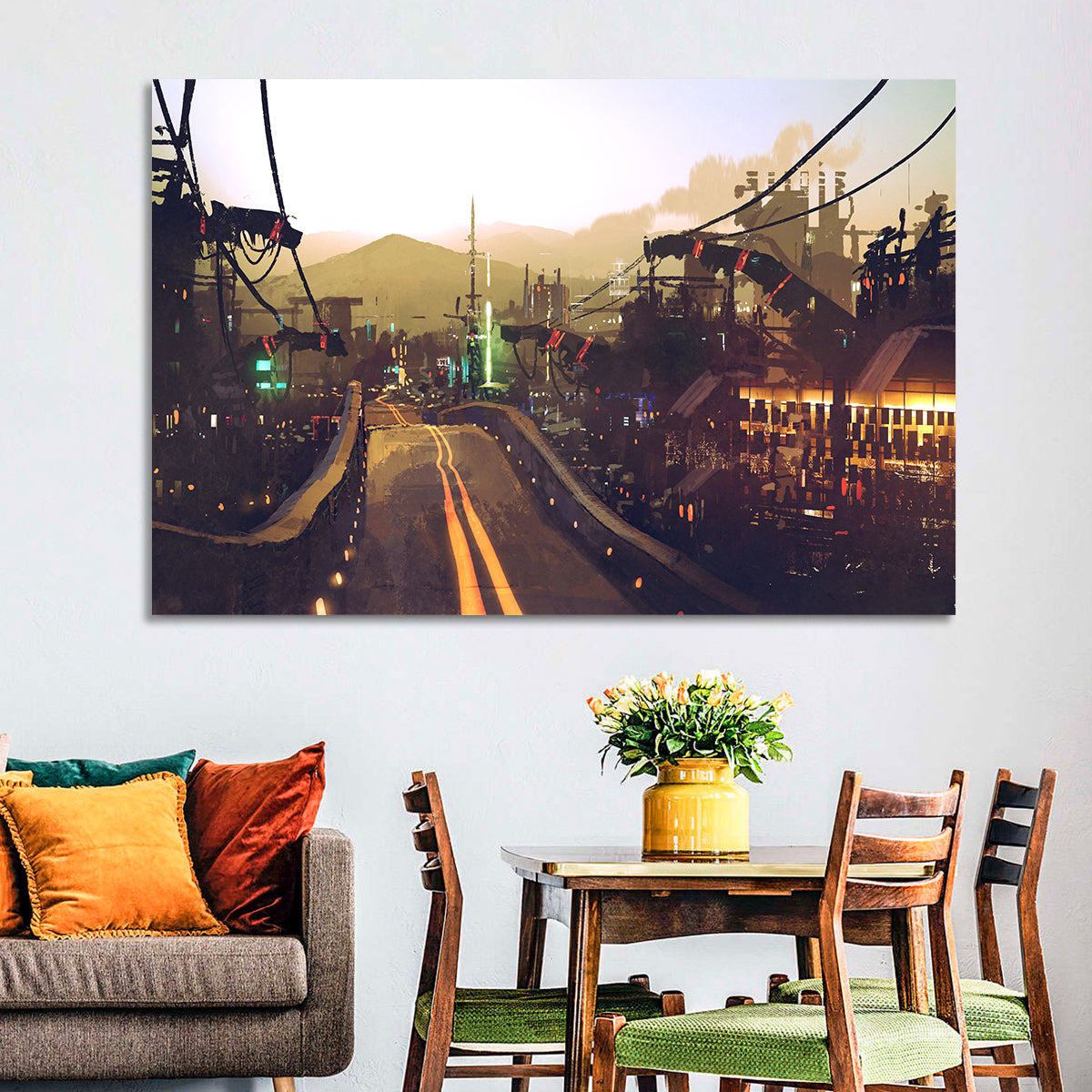 Futuristic Highway at Dusk Wall Art in a room, landscape