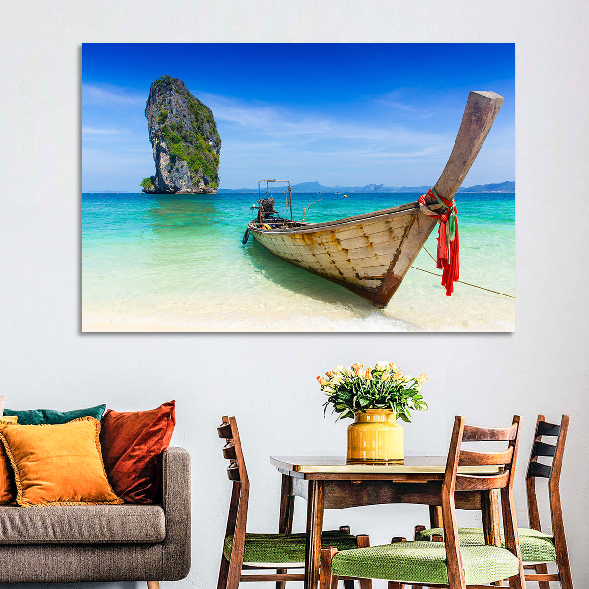Krabi Longtail Boat Seascape Wall Art in a room, landscape