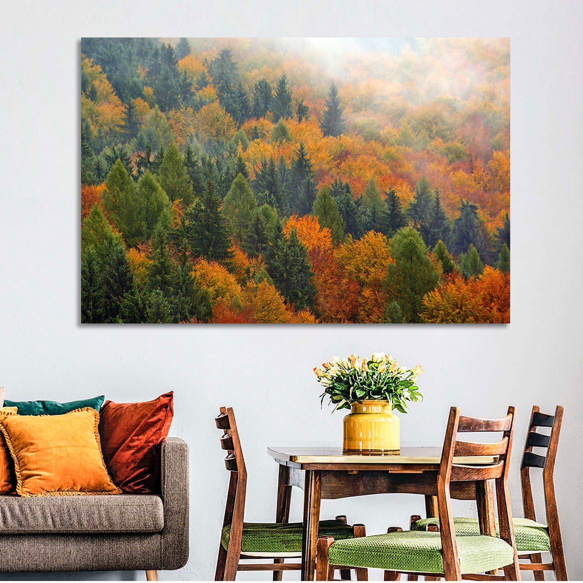 Misty Autumn Forestscape Wall Art in a room, landscape