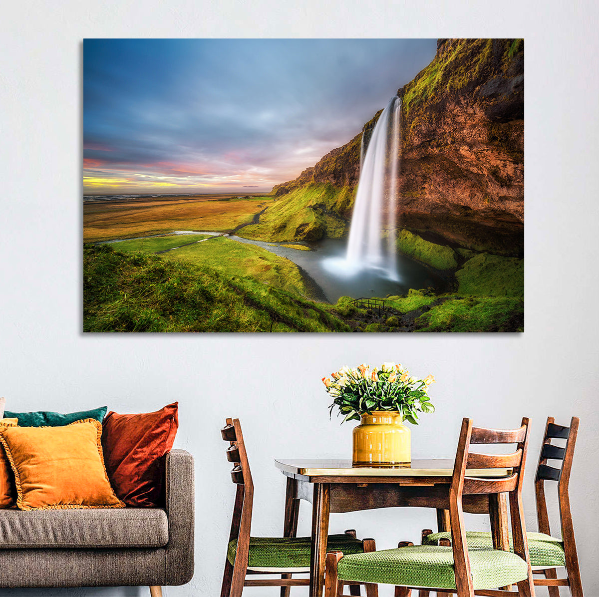 Seljalandsfoss Waterfall Wall Art in a room, landscape