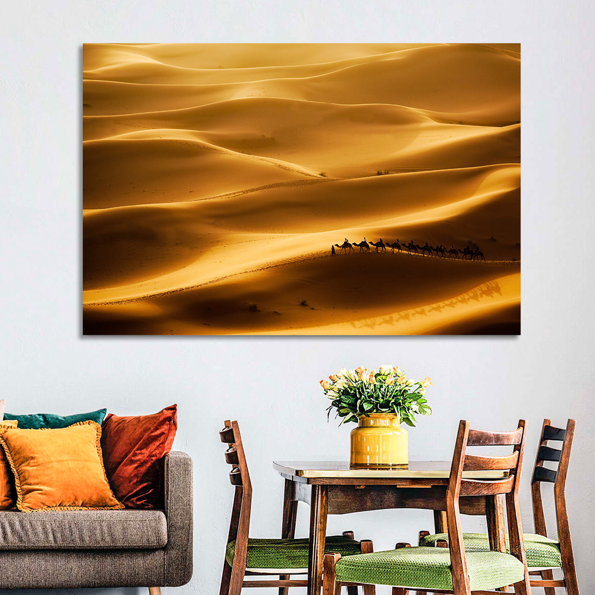 Golden Hour Camel Caravan Wall Art in a room, landscape