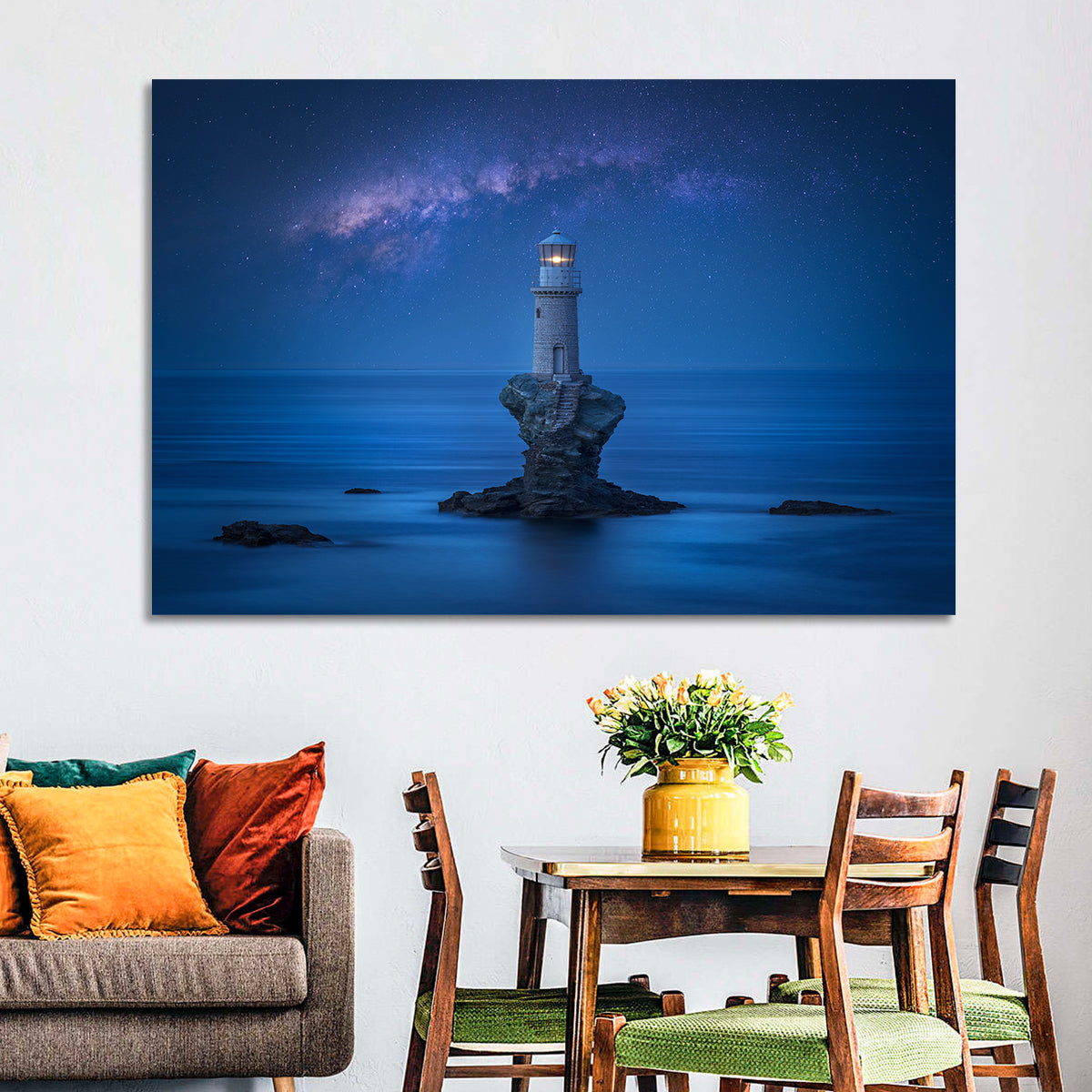 Tourlitis Lighthouse Nightscape Wall Art in a room, landscape