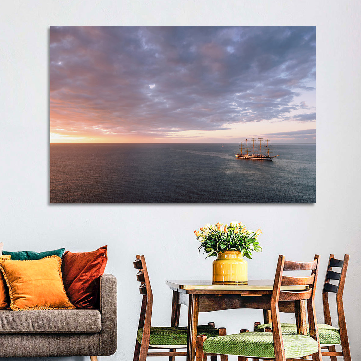 Sunlit Tall Ship at Sea Wall Art in a room, landscape