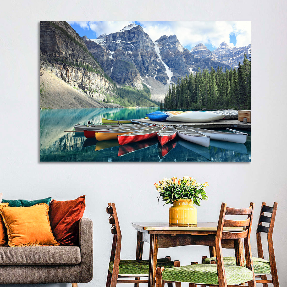 Moraine Lake Canoes at Lake Louise Wall Art