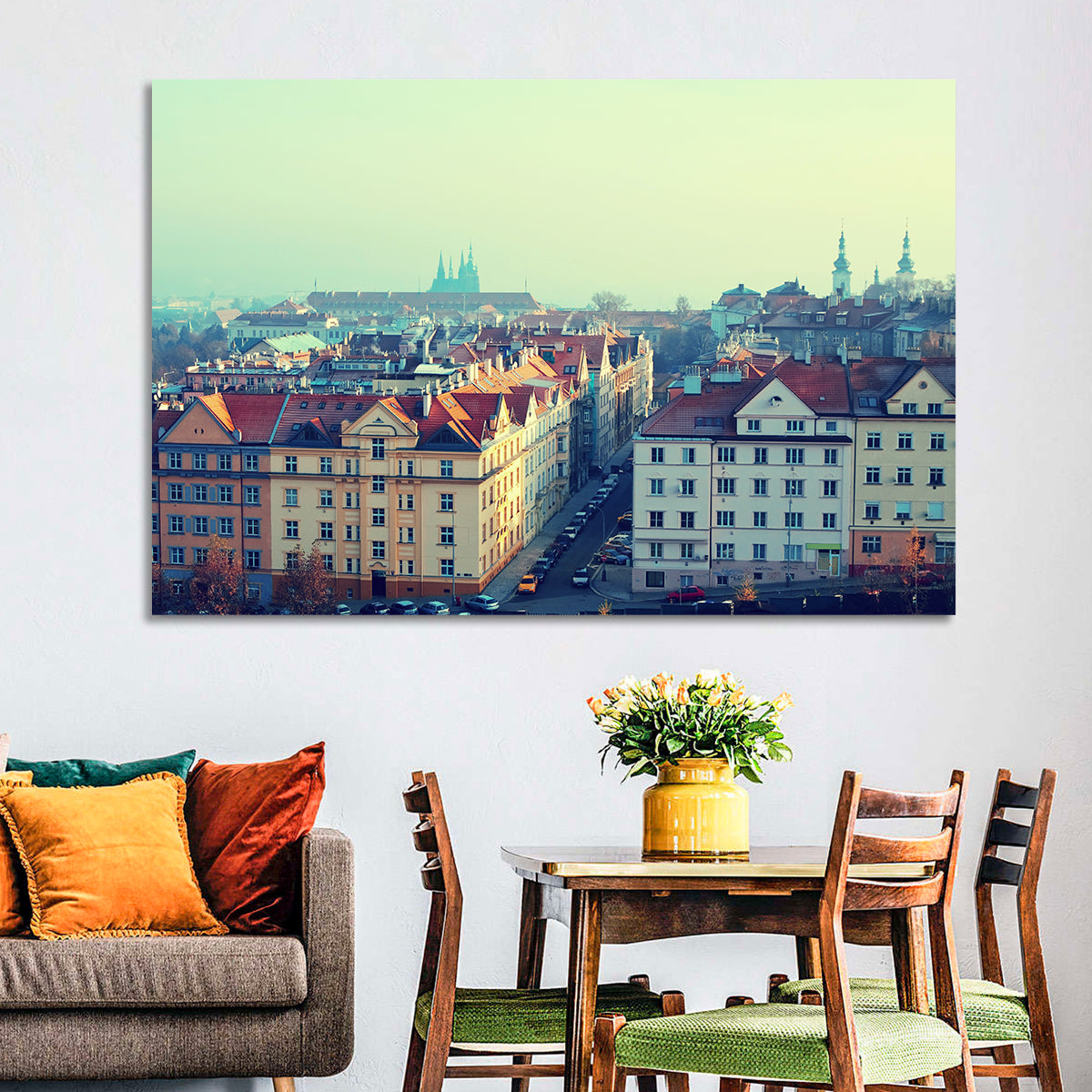 Prague Rooftops with St. Vitus Cathedral Wall Art in a room, landscape