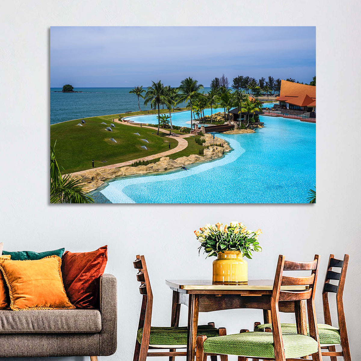 Tiered Resort Pool Horizon Wall Art in a room, landscape