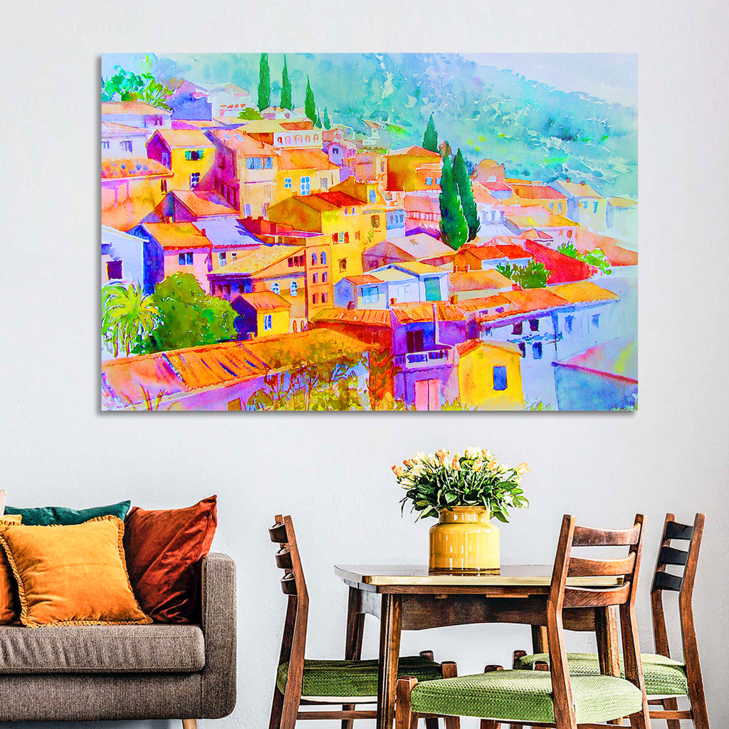 Mediterranean Hillside Watercolor Village Wall Art