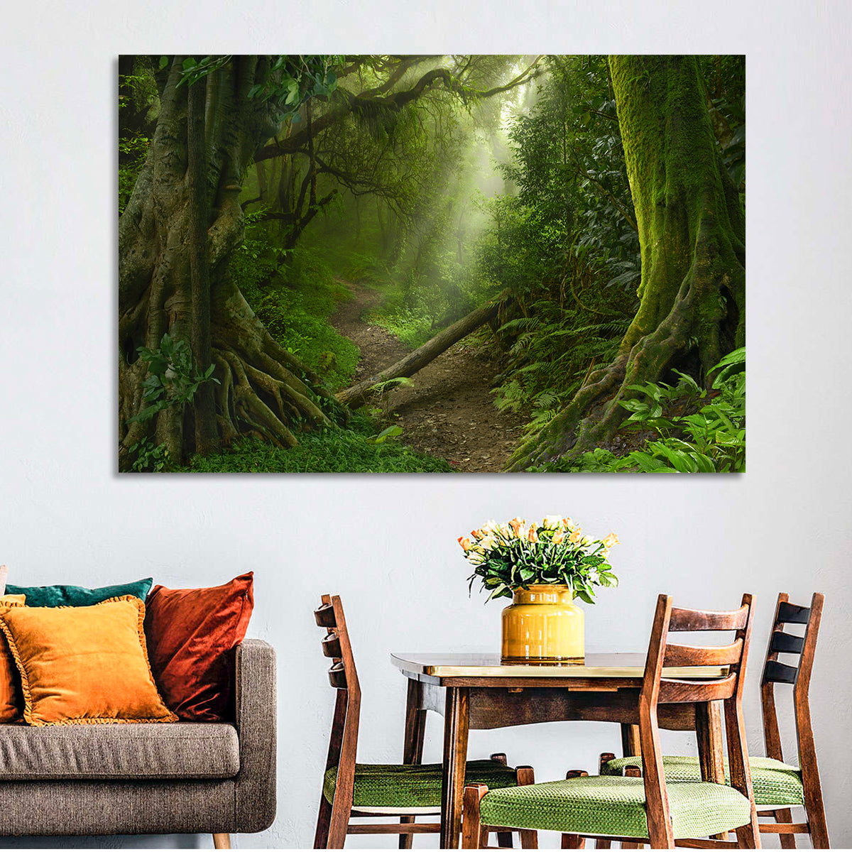 Moss-covered Rainforest Path Wall Art in a room, landscape