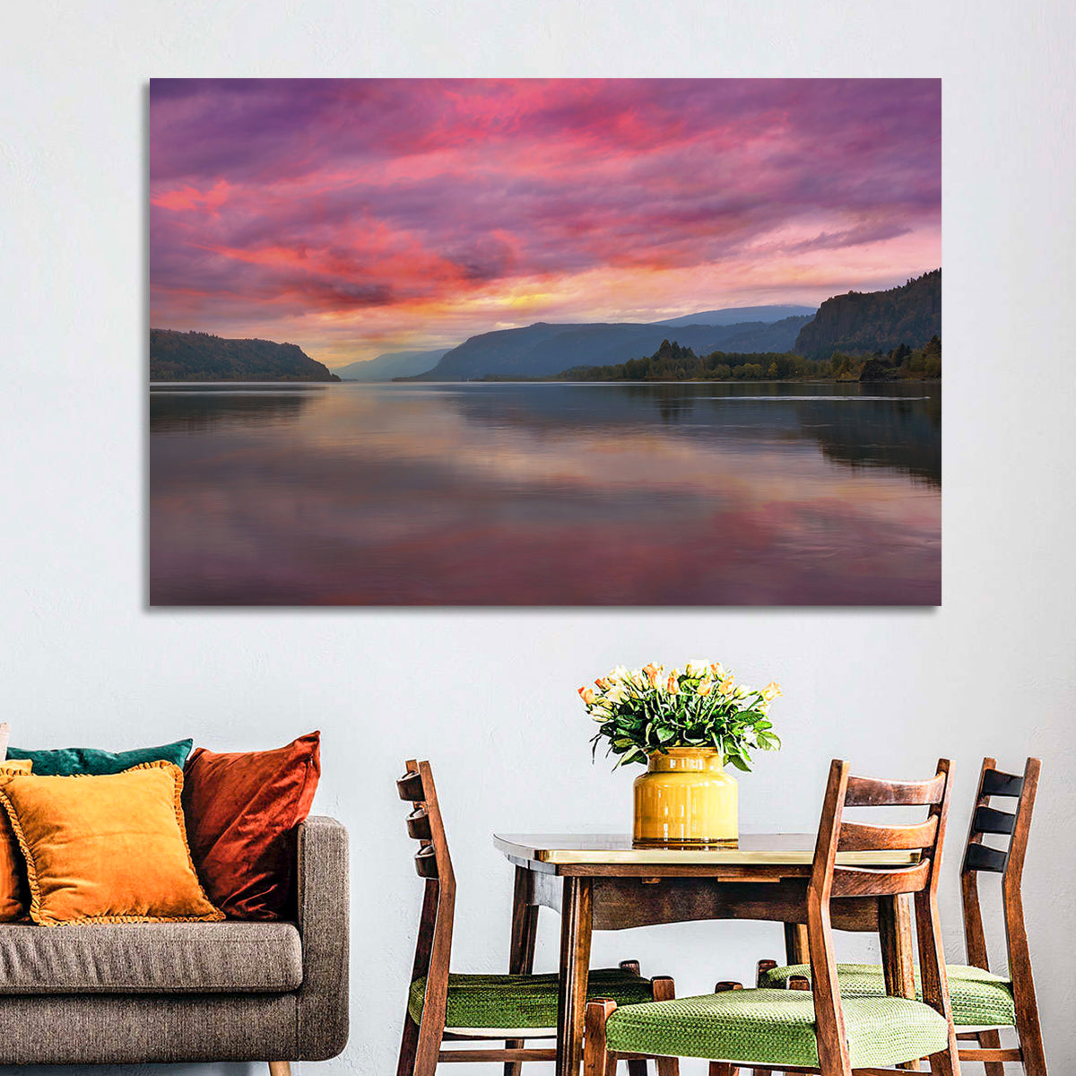 Sunrise Over River Gorge Wall Art in a room, landscape
