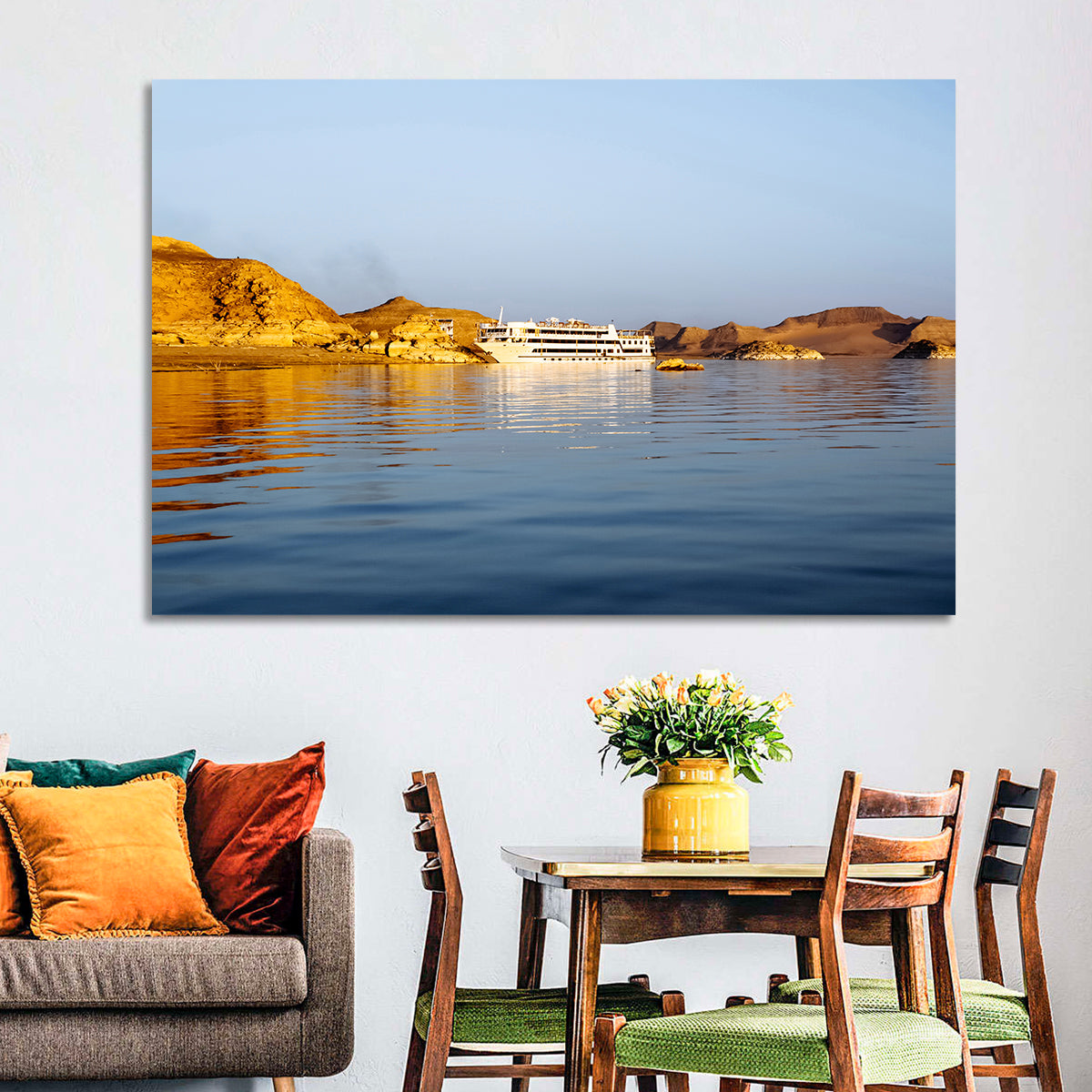 Lake Nasser Cruise Ship at Golden Hour Wall Art in a room, landscape