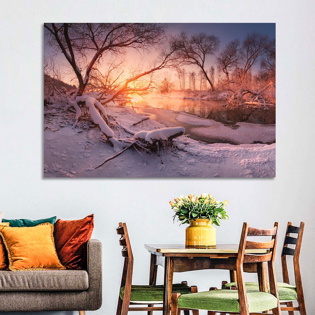 Sunset Over Snowy Forest Lake Wall Art