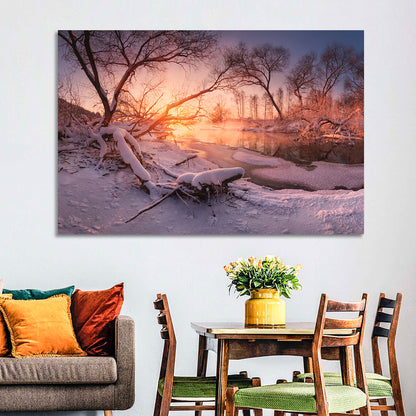 Sunset Over Snowy Forest Lake Wall Art