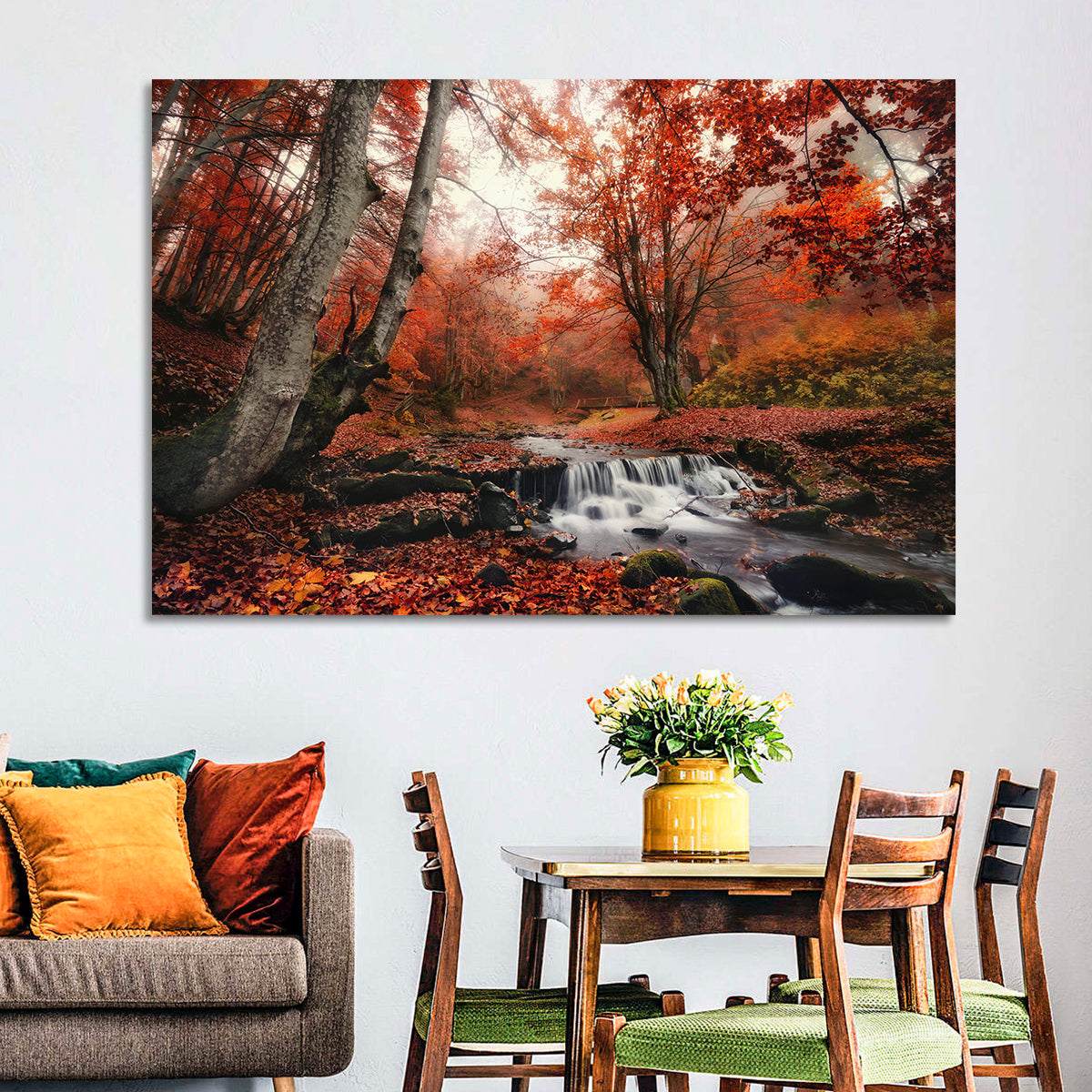 Autumn Forest Stream with Footbridge Wall Art in a room, landscape