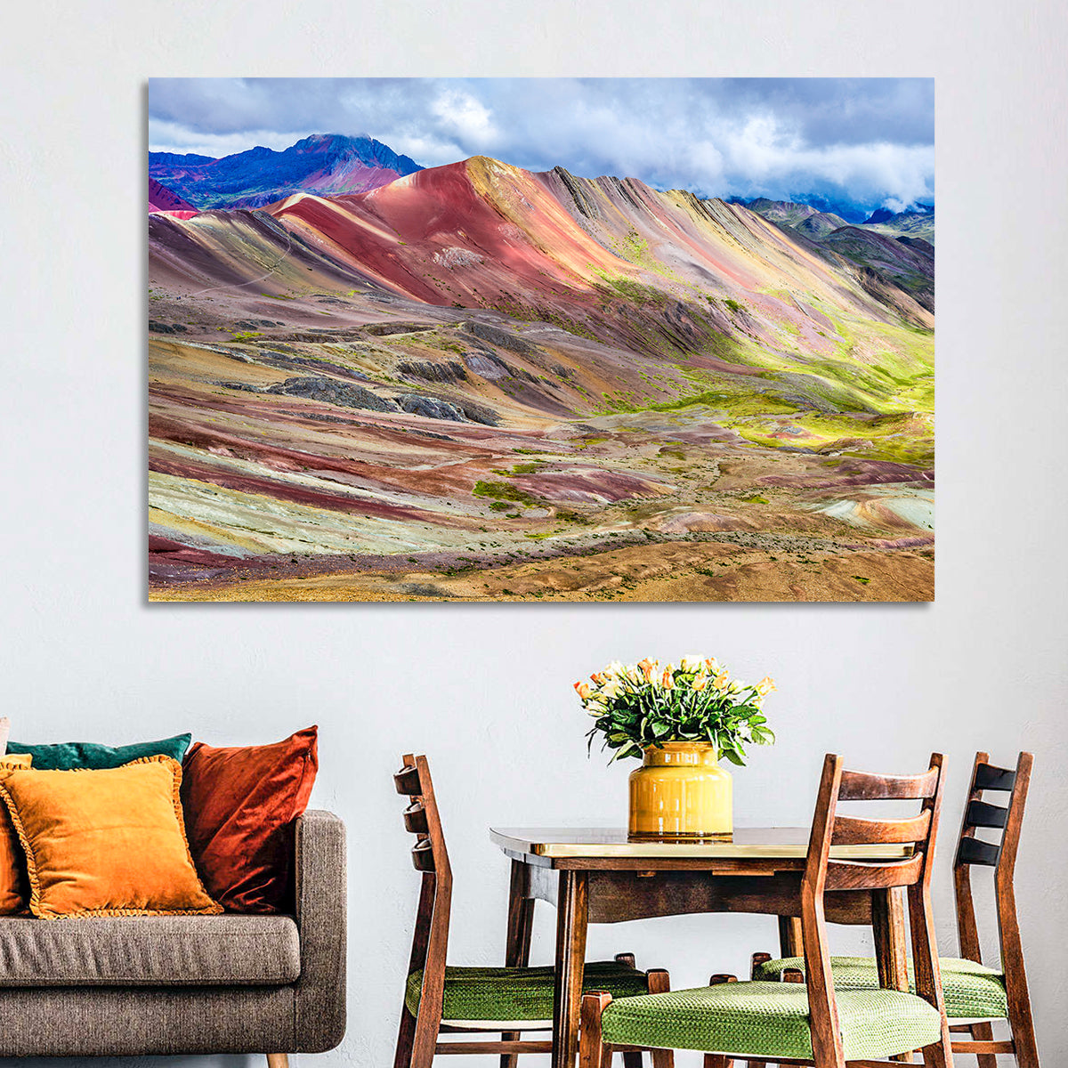 Vinicunca Rainbow Mountain Peru Wall Art in a room, landscape