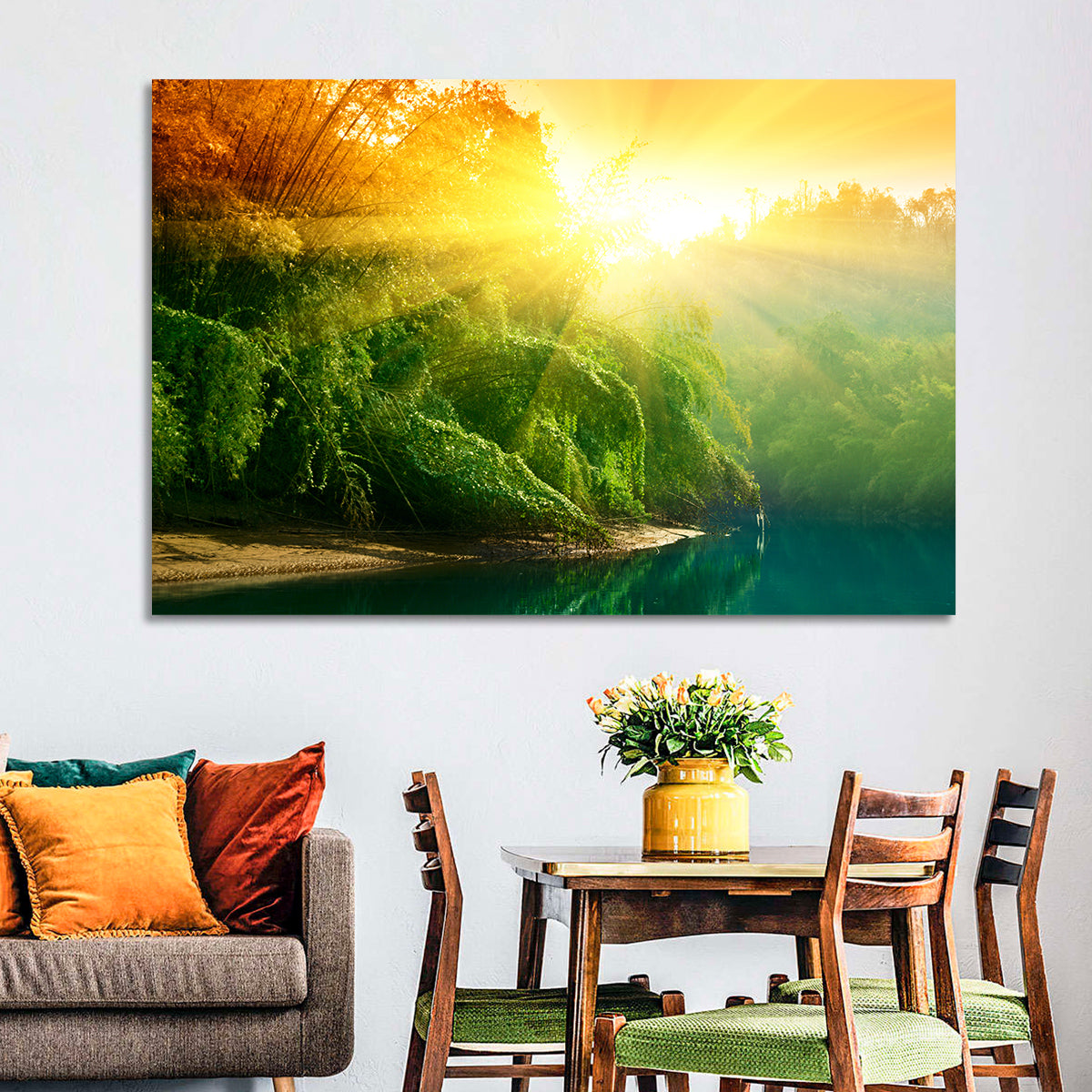 Golden Bamboo Riverbank Wall Art in a room, landscape