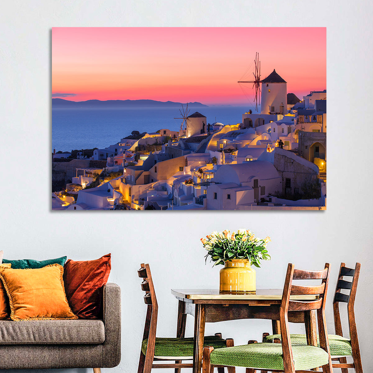 Oia Windmills at Dusk Wall Art in a room, landscape
