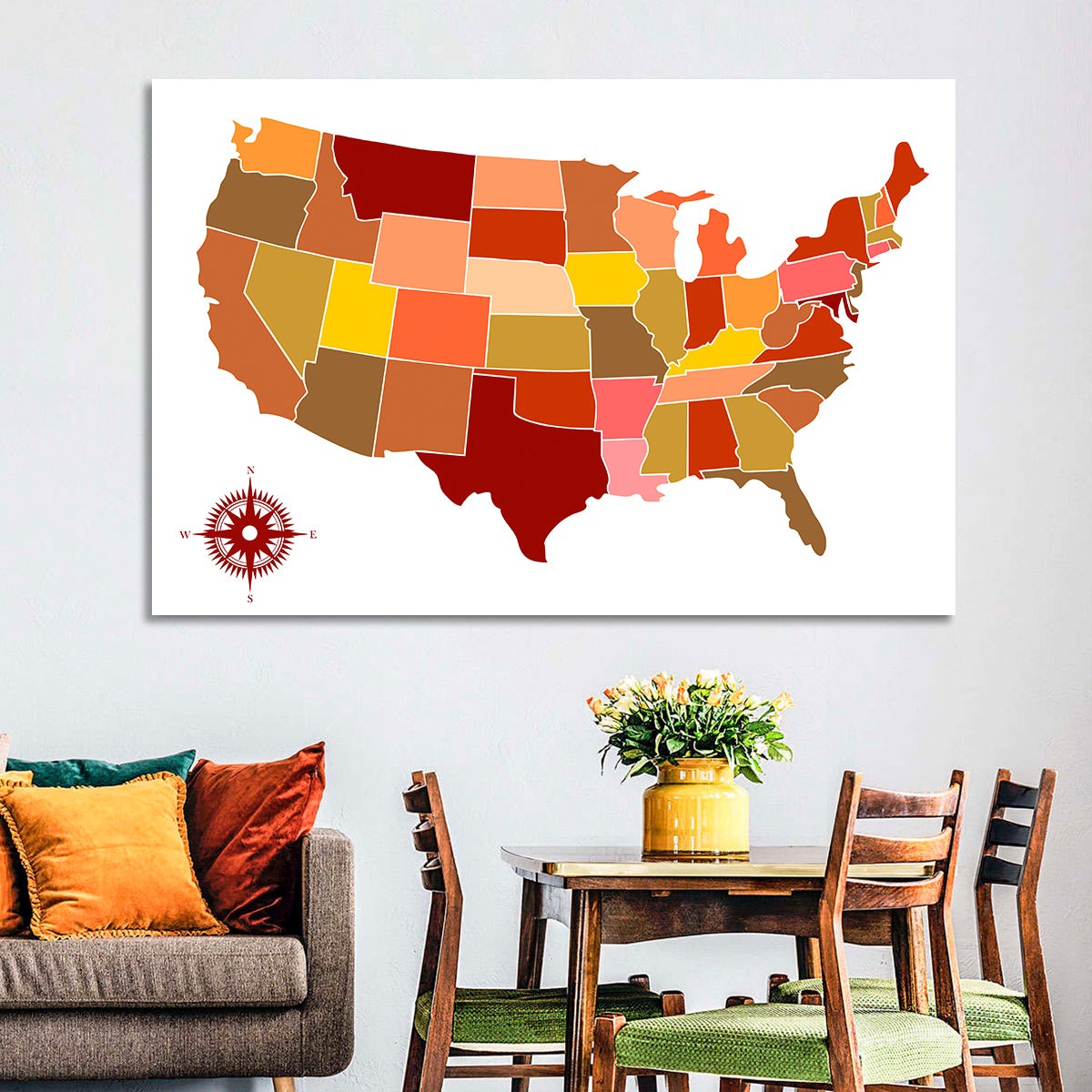 Stylized United States Map Wall Art in a room, landscape