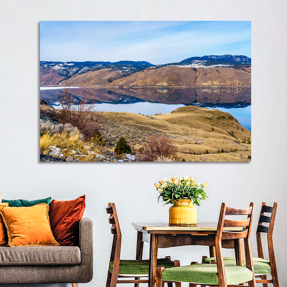 Kamloops Lake Mountain Reflection Wall Art in a room, landscape