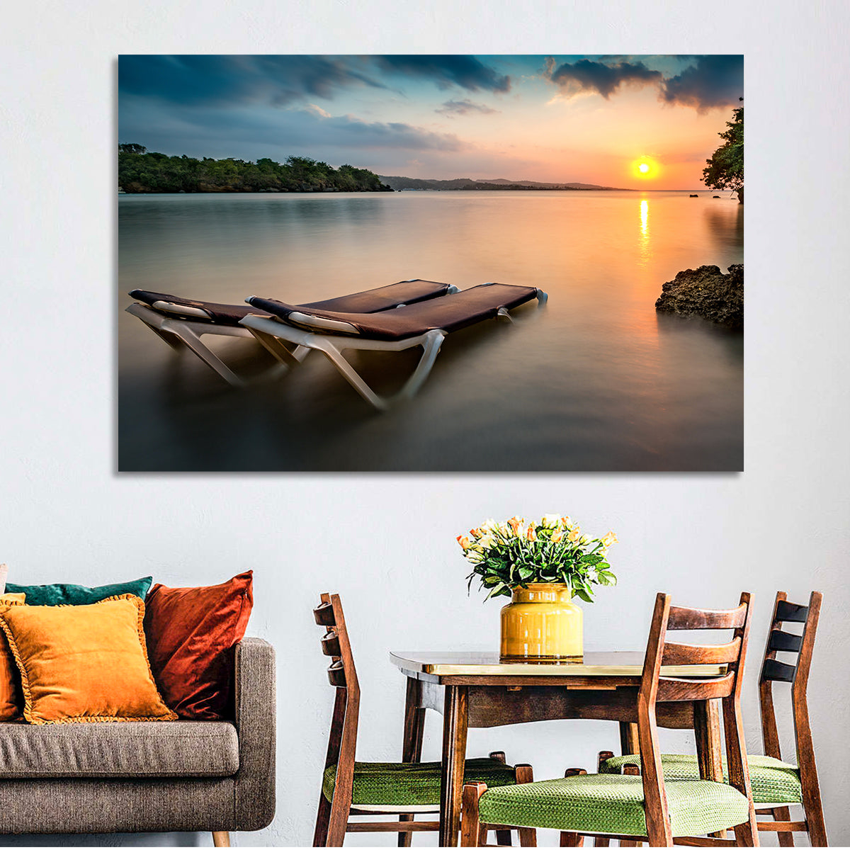 Sunset Over Coastal Lounge Chairs Wall Art