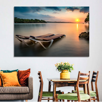 Sunset Over Coastal Lounge Chairs Wall Art