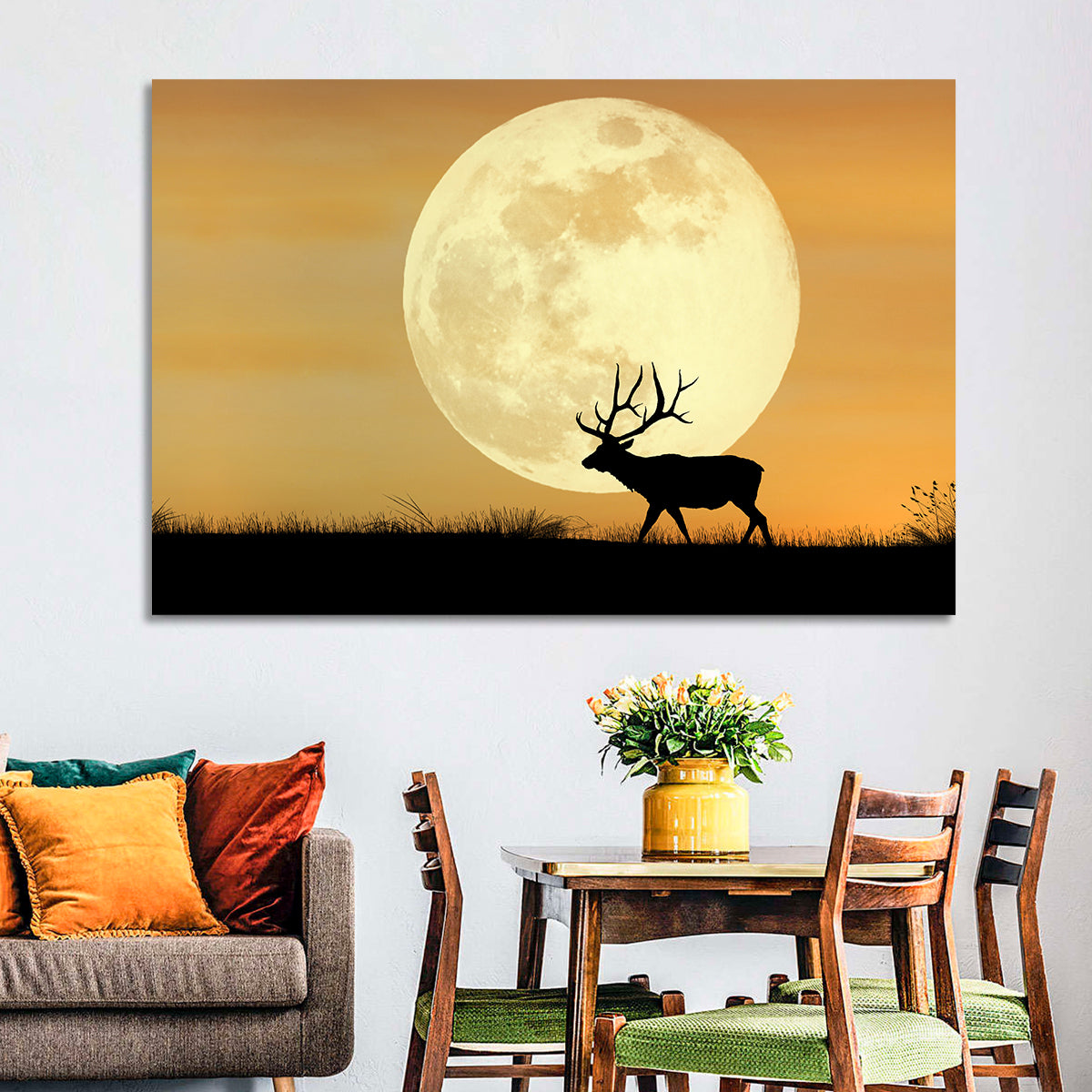 Bull Elk Silhouette Under Supermoon Wall Art in a room, landscape