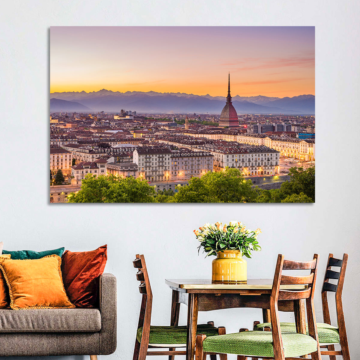 Turin Skyline at Golden Dusk Wall Art in a room, landscape