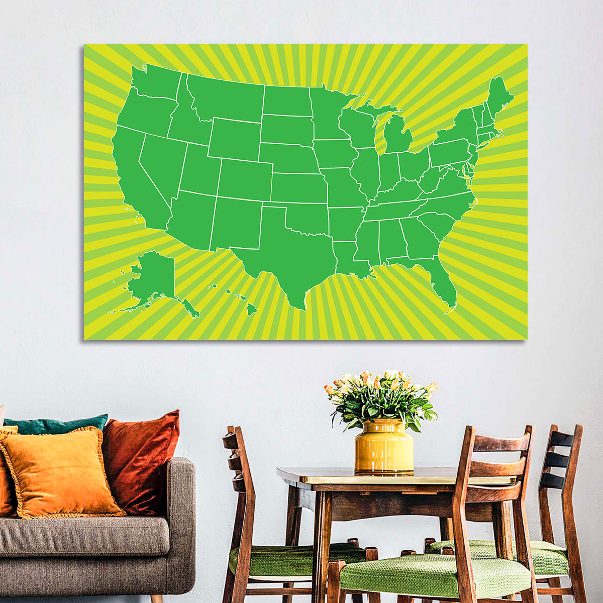 Green Sunburst USA Map Wall Art in a room, landscape