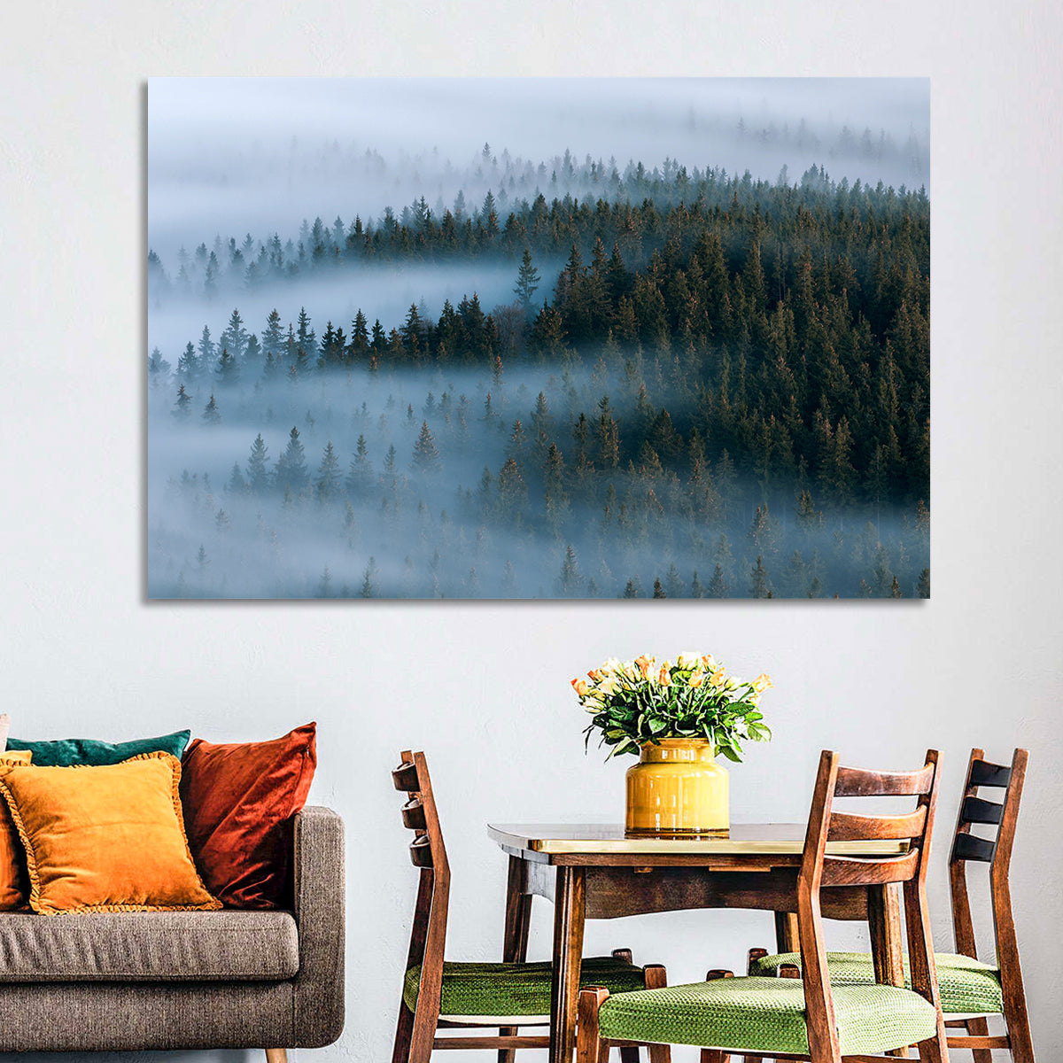 Morning Mist Over Pine Valley Wall Art in a room, landscape