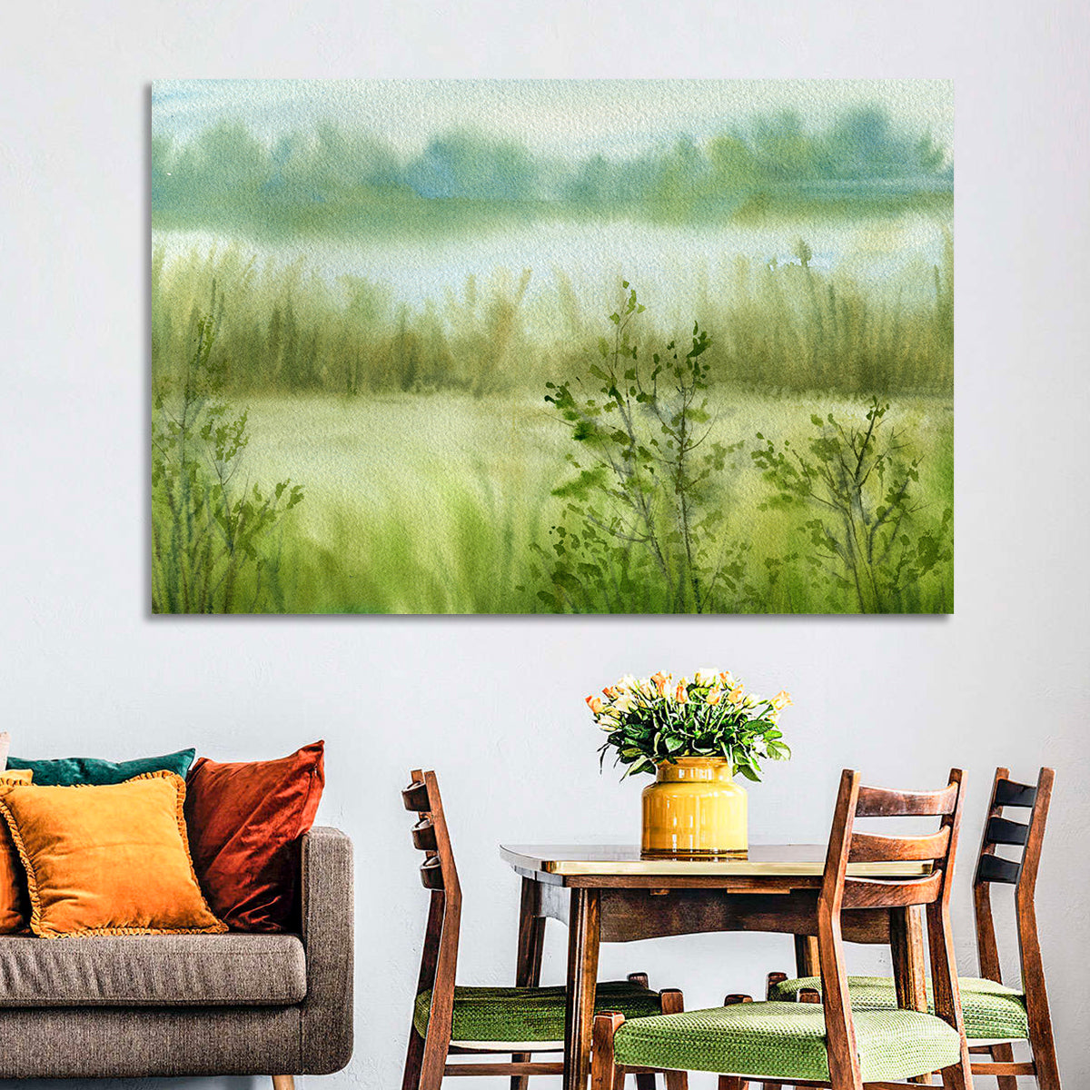 Misty River Meadow Watercolor Wall Art in a room, landscape
