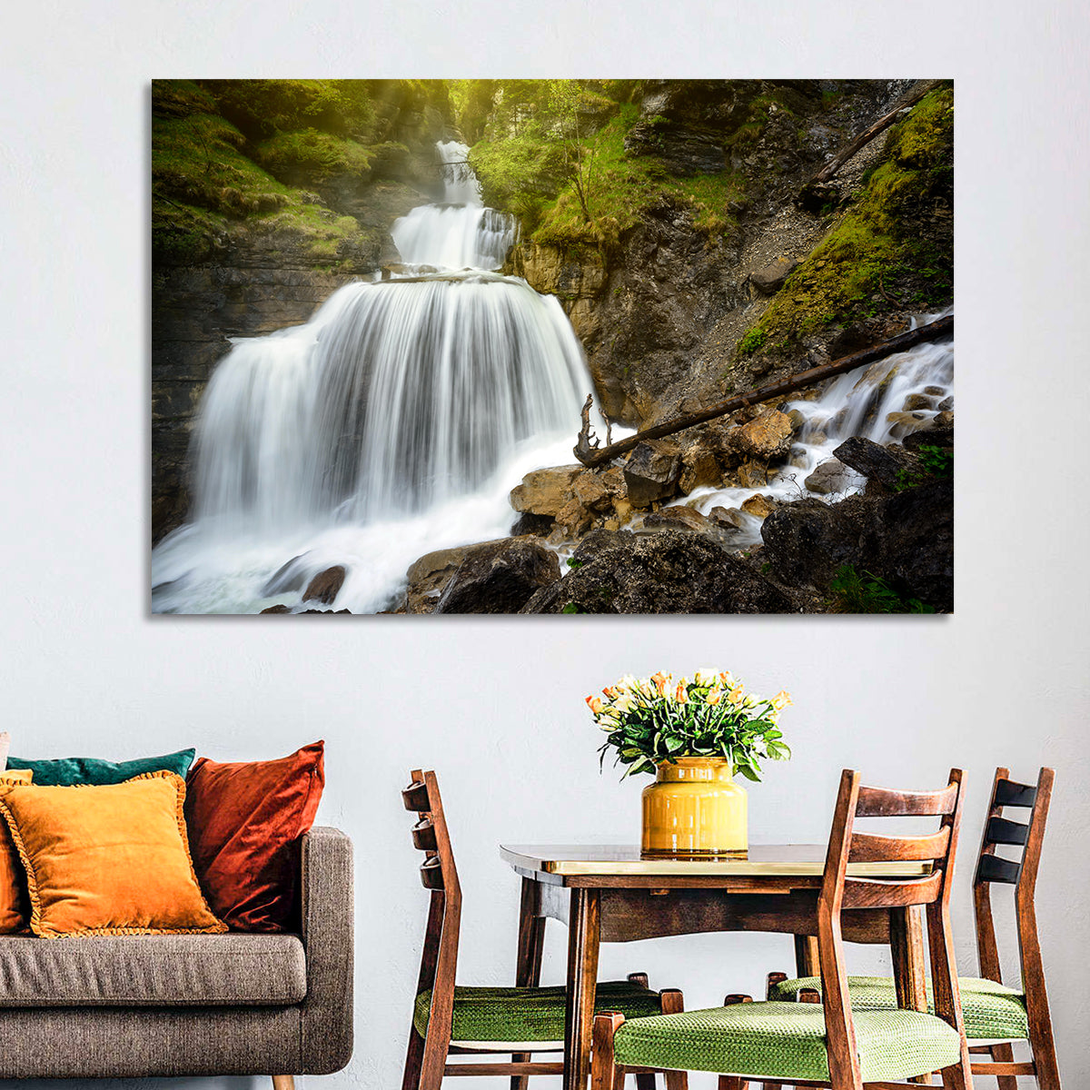 White Cascade Over Mossy Rocks Wall Art