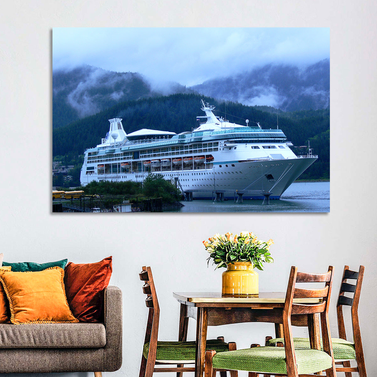 Misty Docked Cruise Ship Wall Art in a room, landscape