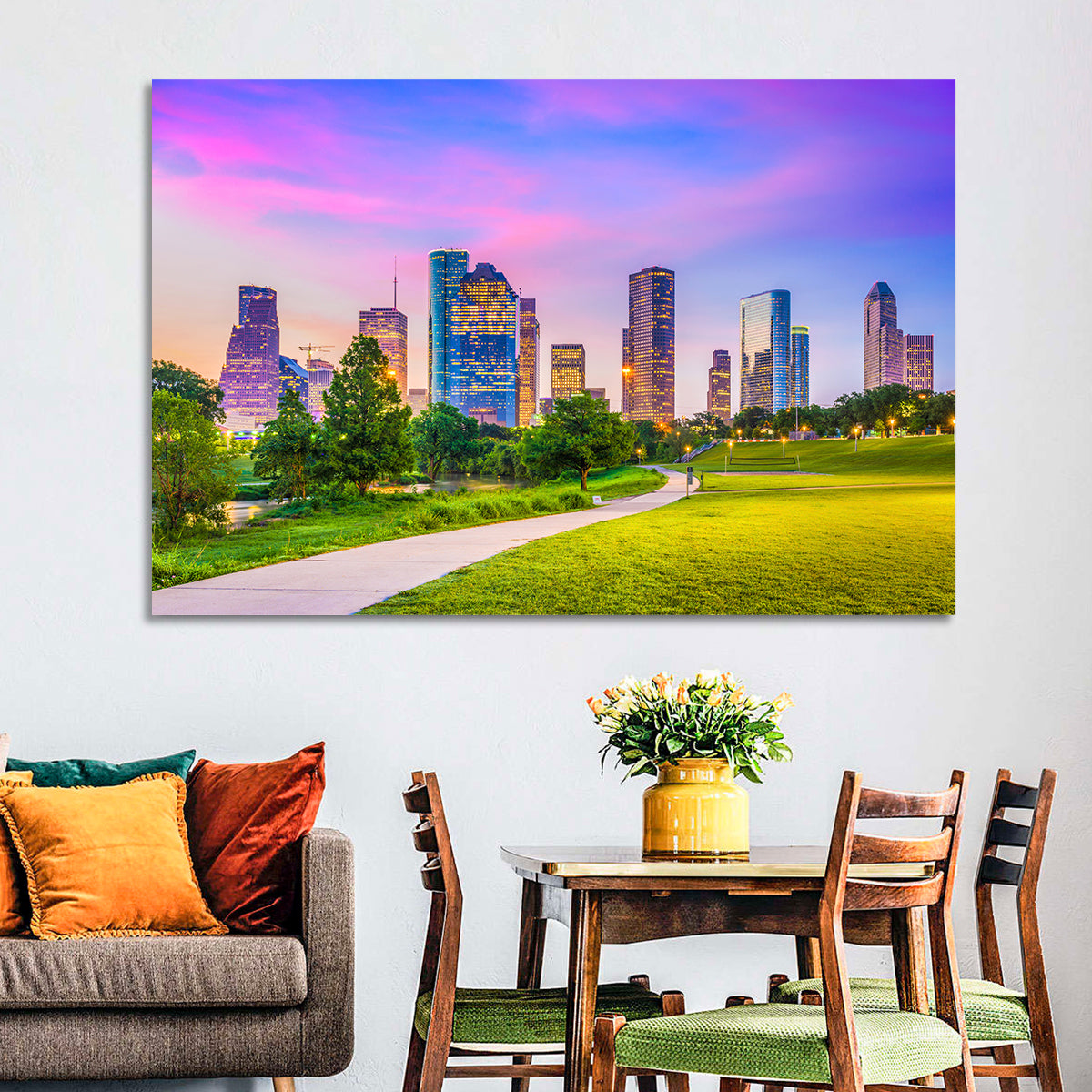 Houston Skyline at Dusk Wall Art in a room, landscape