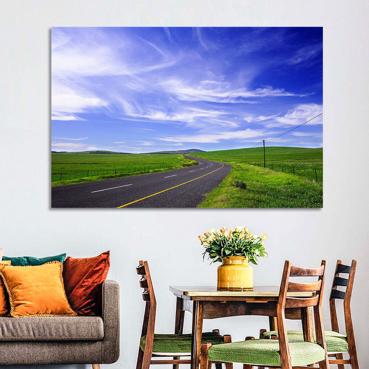 Winding Country Road in Green Fields Wall Art in a room, landscape