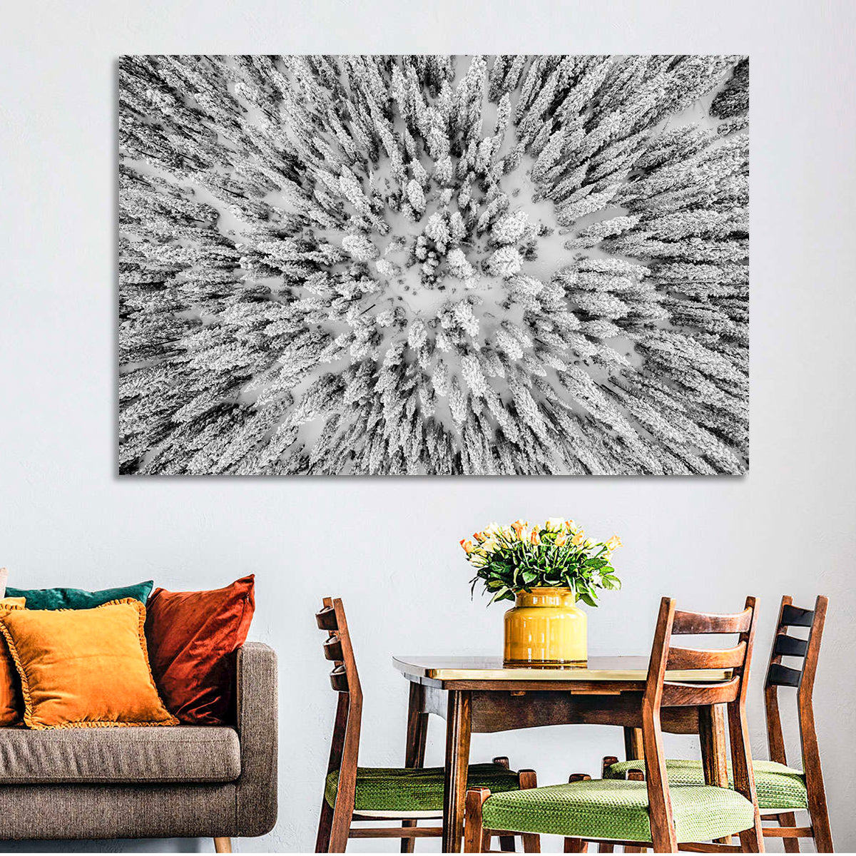 Snowy Aerial Forest Wall Art in a room, landscape