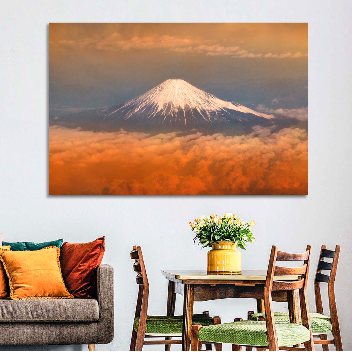 Snow-capped Mount Fuji at Sunset Wall Art in a room, landscape