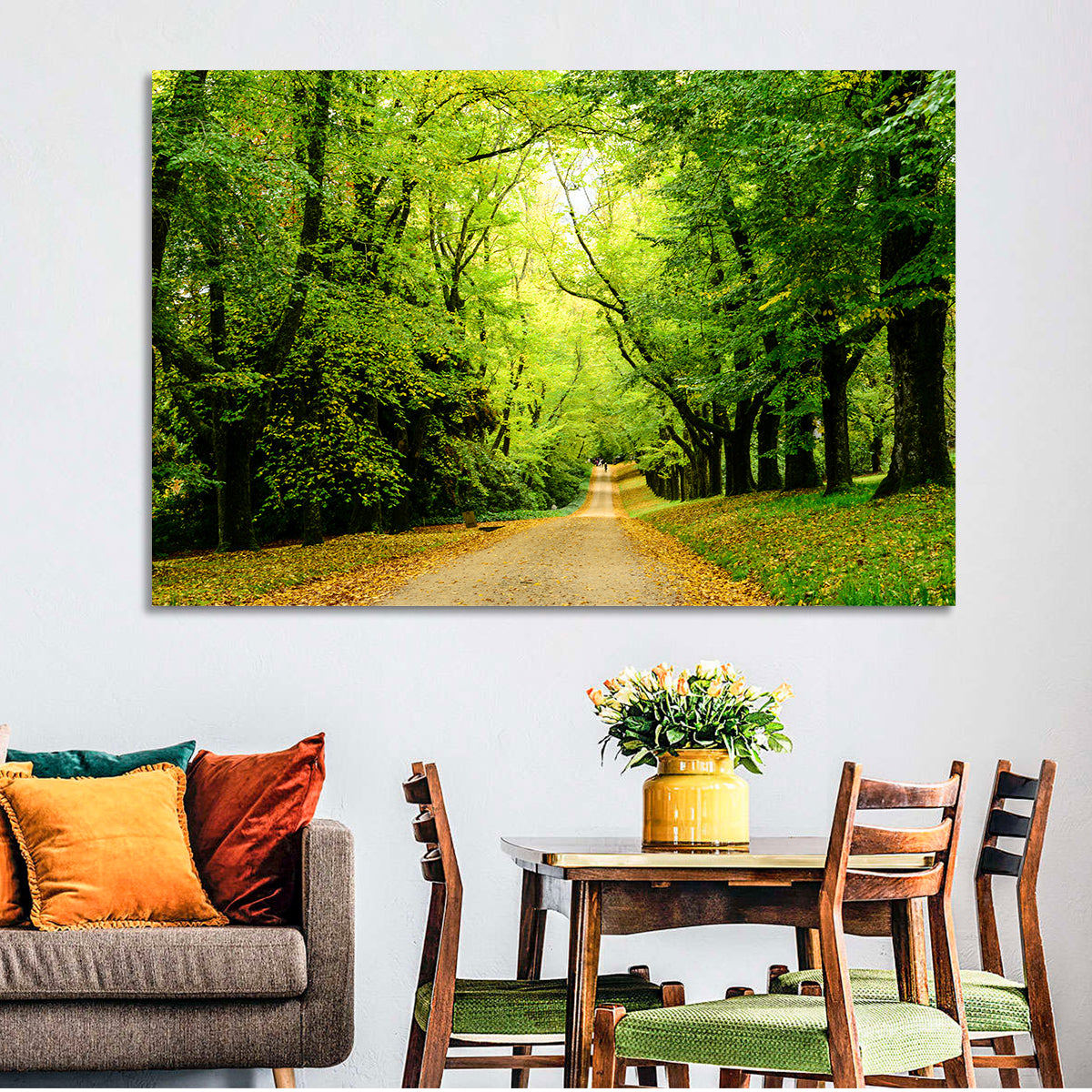 Sunlit Forest Pathway Wall Art in a room, landscape