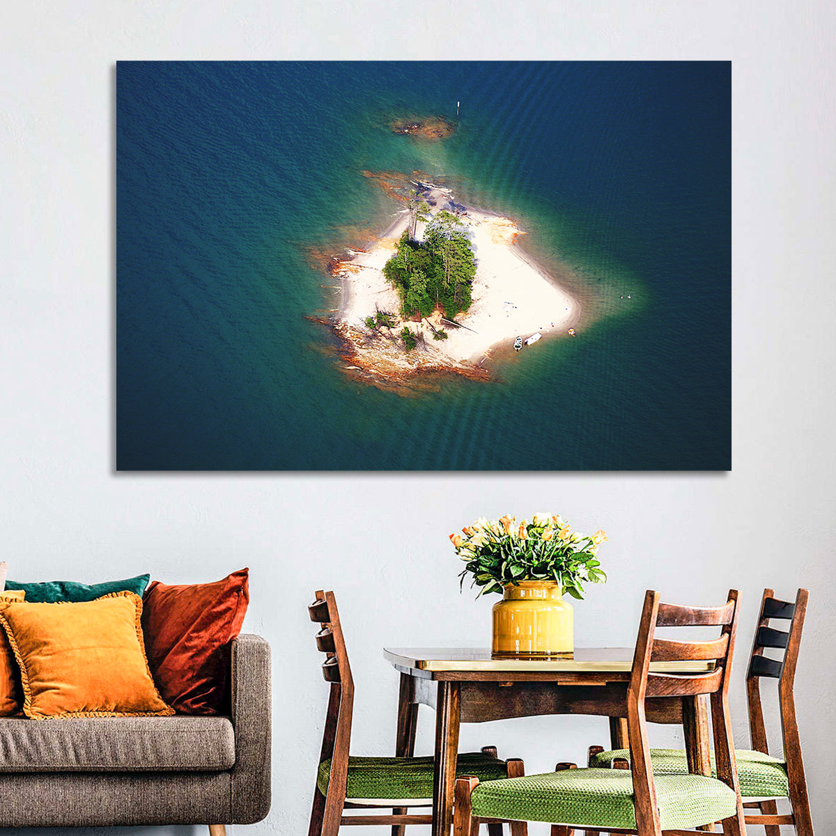 Lake Lanier Island Aerial View Wall Art in a room, landscape