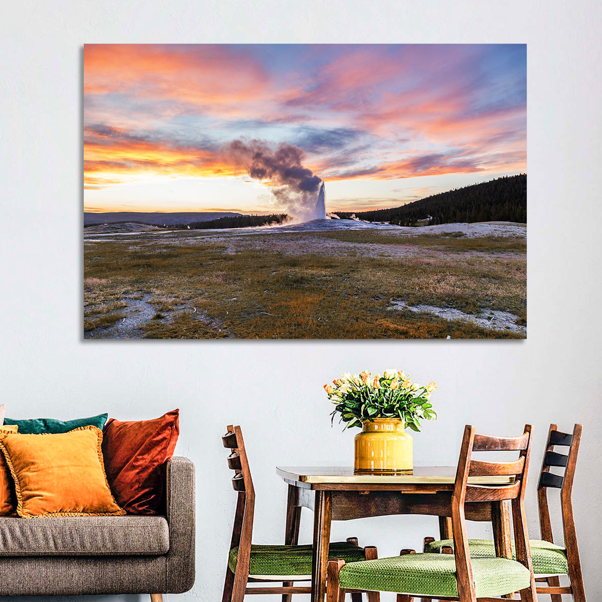 Old Faithful Erupting at Sunset Wall Art in a room, landscape