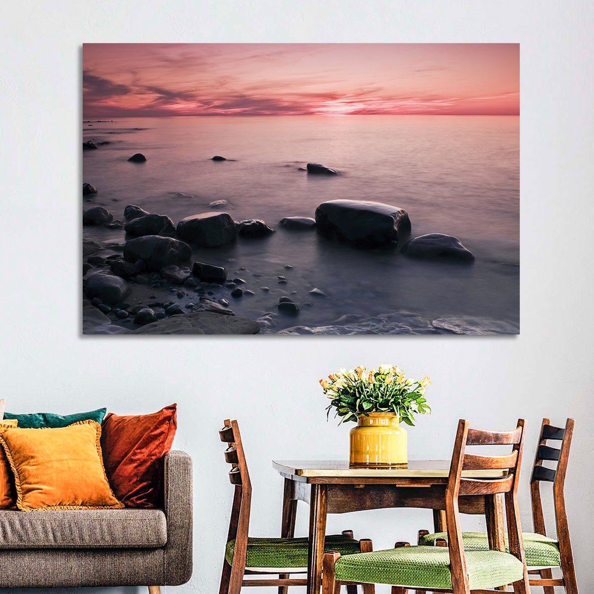 Pink Dusk Lakeshore with Silhouetted Rocks Wall Art