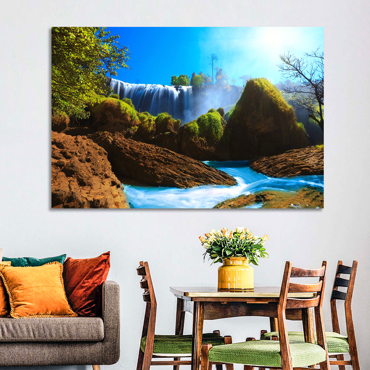 Sunlit Turquoise Waterfall Wall Art in a room, landscape