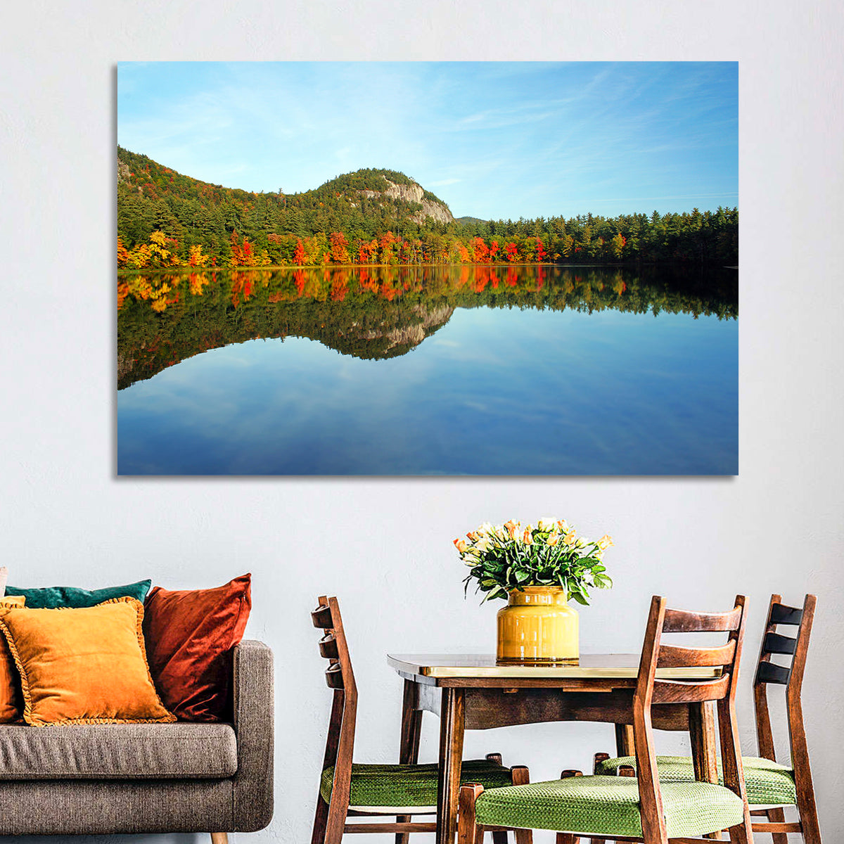Echo Lake Autumn Reflection Wall Art in a room, landscape