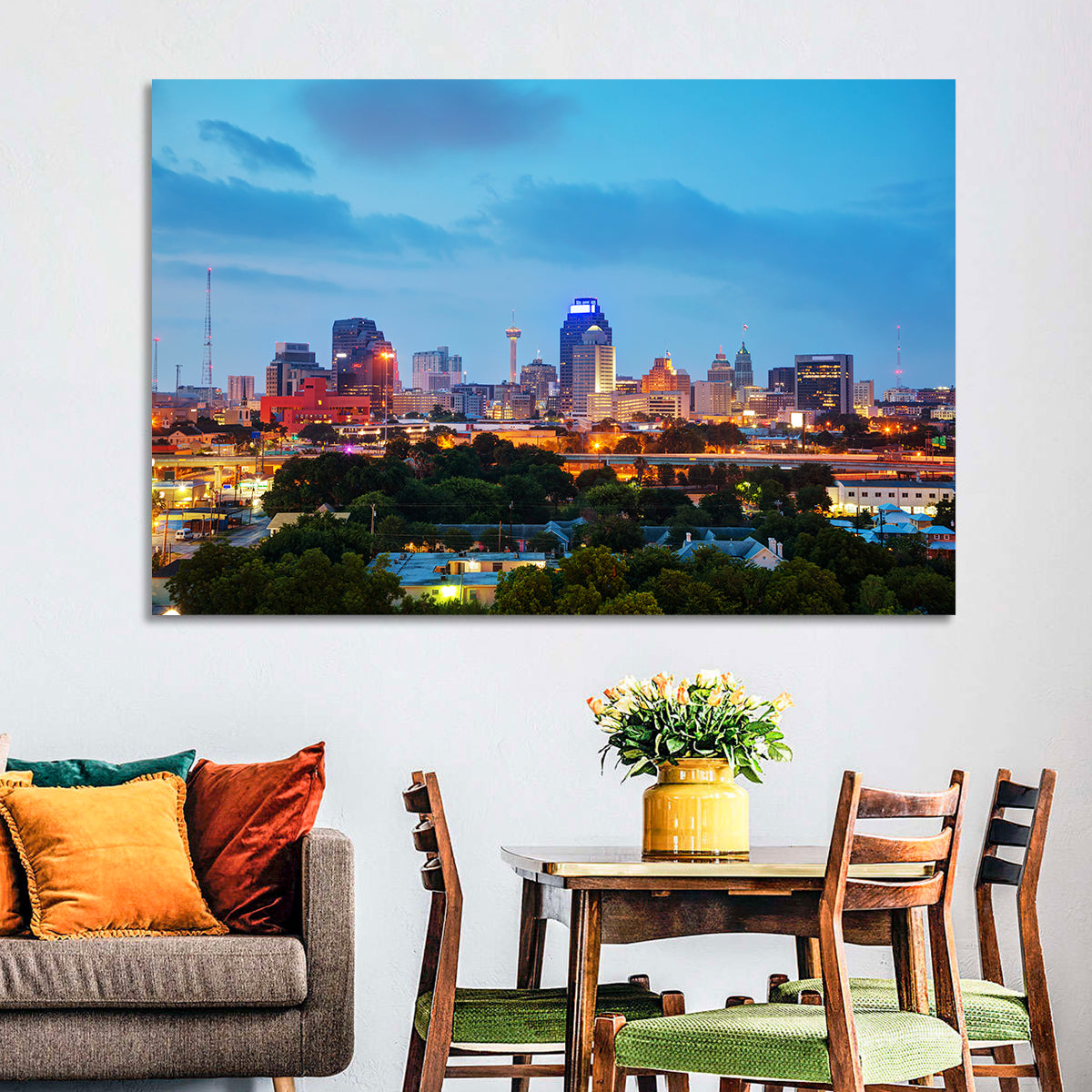 San Antonio Skyline at Dusk Wall Art in a room, landscape
