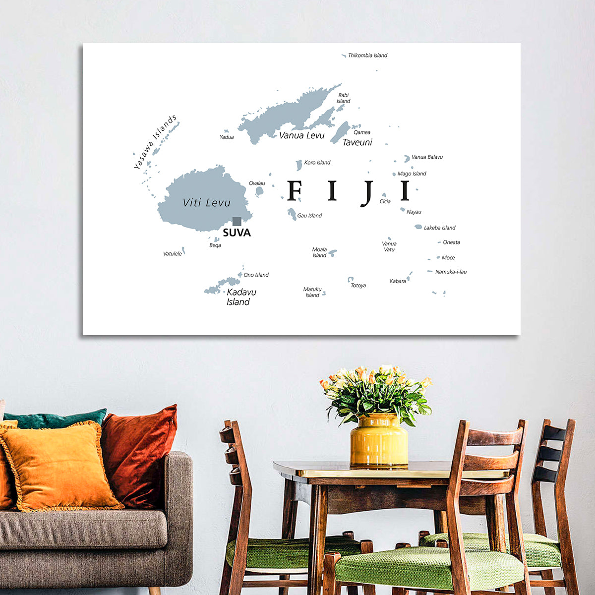 Fiji Islands Political Map Wall Art in a room, landscape