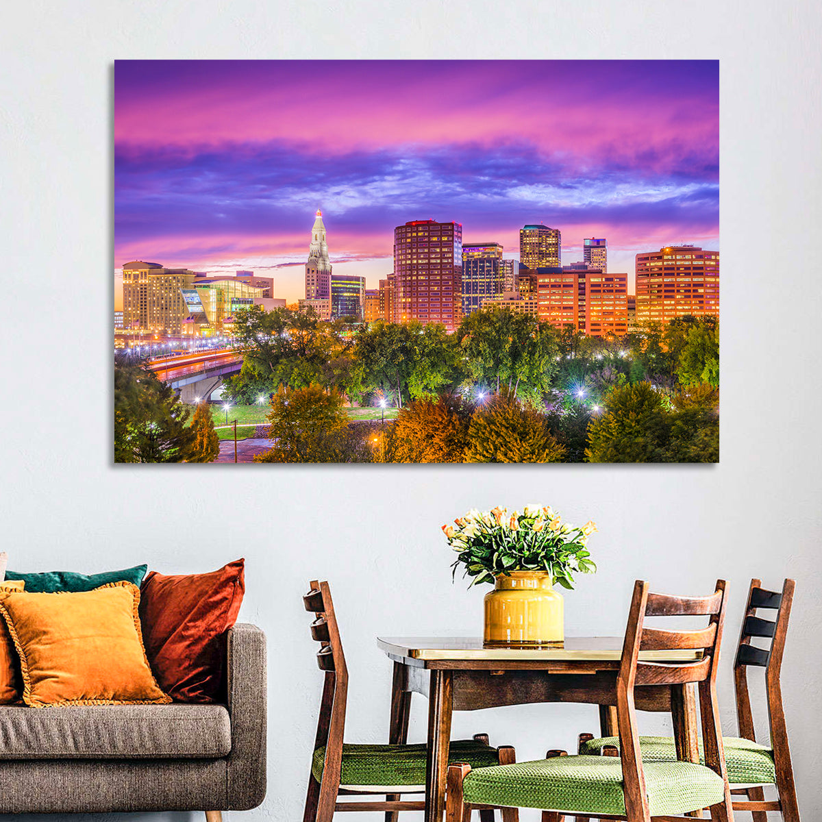 Hartford Skyline at Dusk Wall Art in a room, landscape