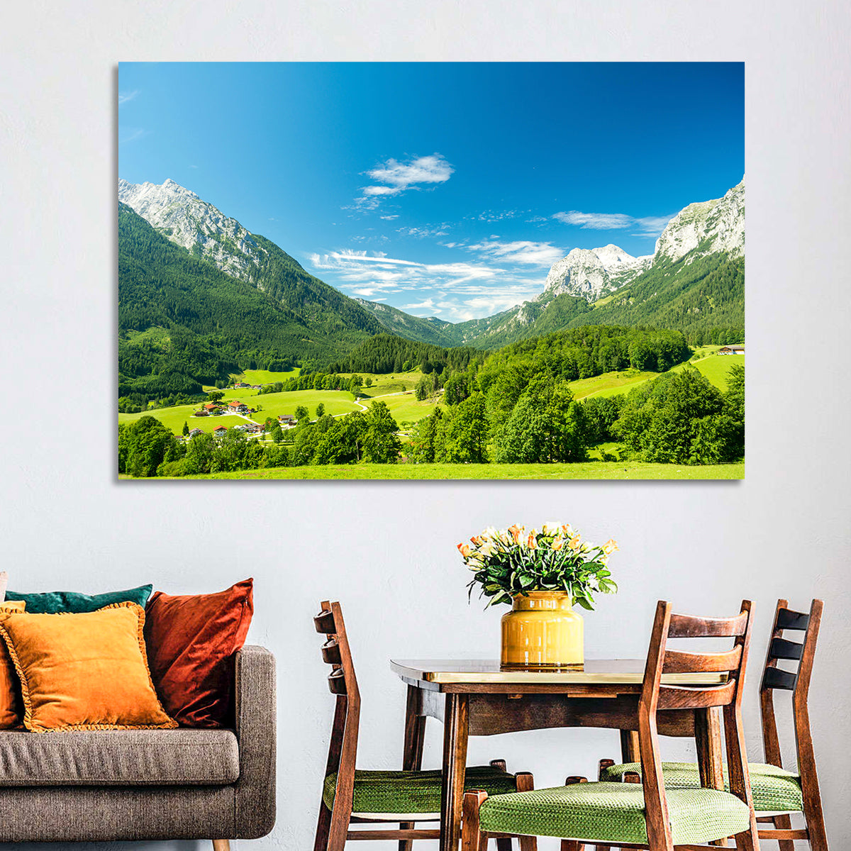 Bavarian Alpine Valley Wall Art in a room, landscape