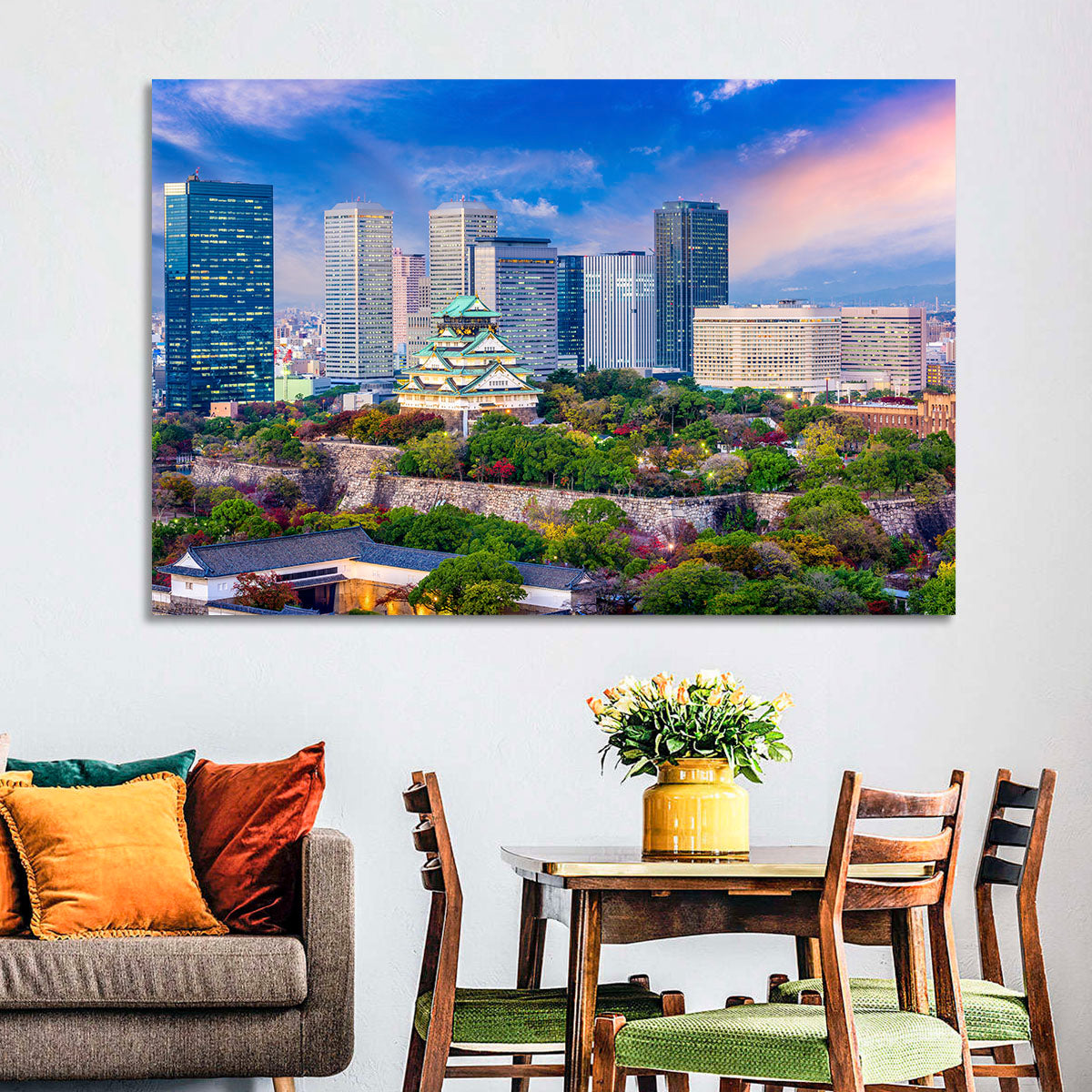 Osaka Castle Skyline at Dusk Wall Art in a room, landscape